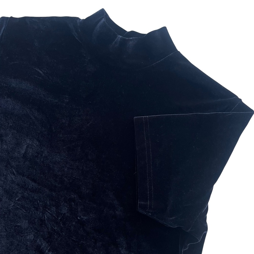 Alex Evenings Womens L Black Velvet Mock Neck Short Sleeve Blouse Elegant Preppy